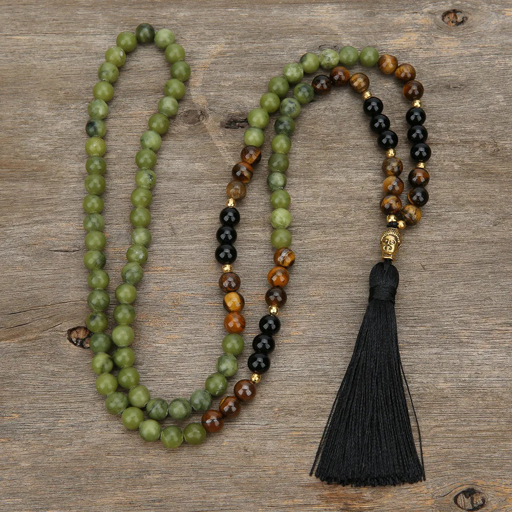 Southern Jade, Tigers Eye, and Black Onyx Mala Meditation Necklace