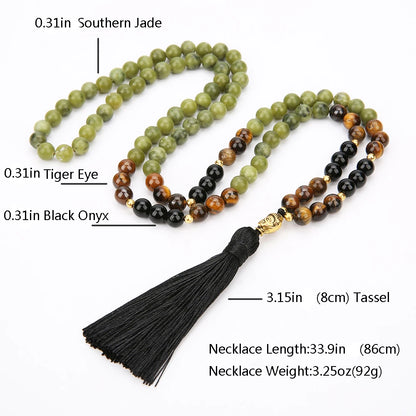 Southern Jade, Tigers Eye, and Black Onyx Mala Meditation Necklace