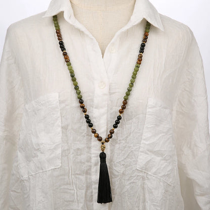 Southern Jade, Tigers Eye, and Black Onyx Mala Meditation Necklace