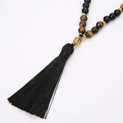 Southern Jade, Tigers Eye, and Black Onyx Mala Meditation Necklace